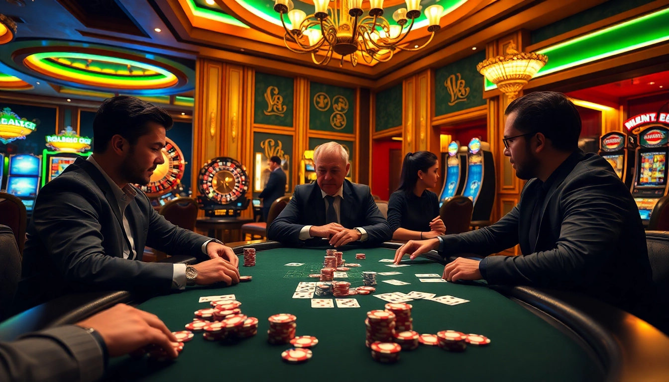 Action-packed casino scene featuring gamblers at a poker table with https://luongsontv23.com/ branding.