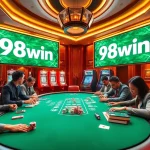 98win players strategizing at a luxurious poker table in an upscale casino.