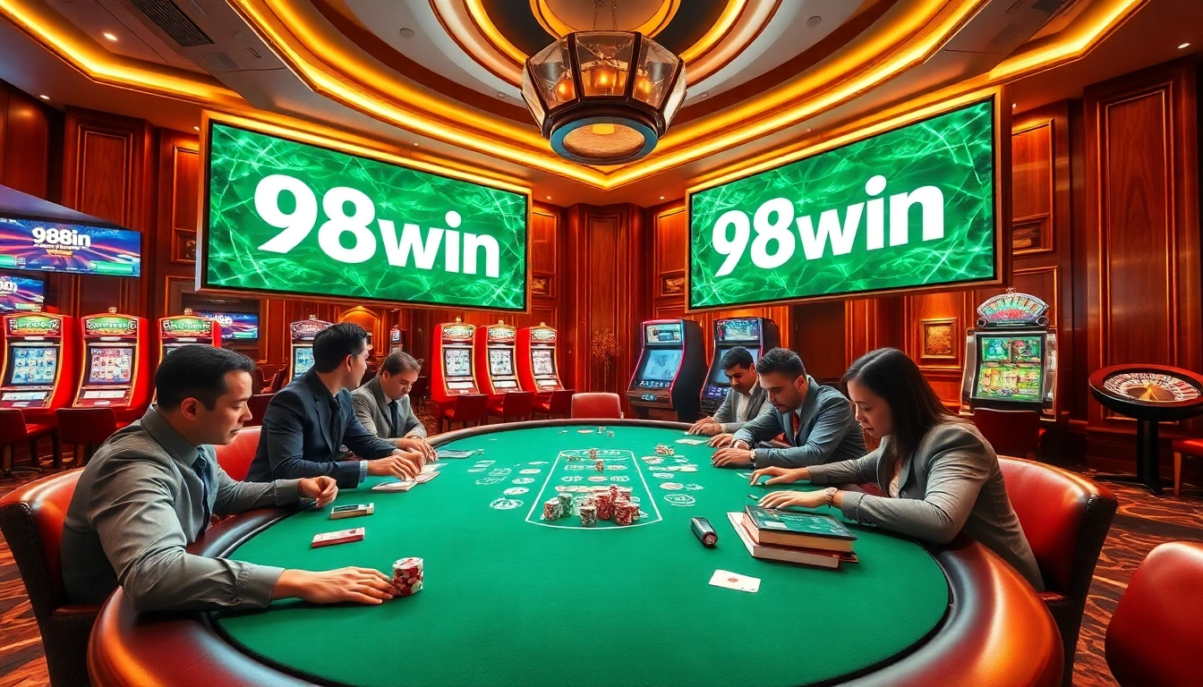 98win players strategizing at a luxurious poker table in an upscale casino.