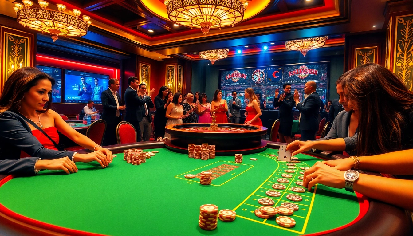 Gamblers strategizing in a luxurious casino at https://x88.law/, surrounded by chips, cards, and roulette.