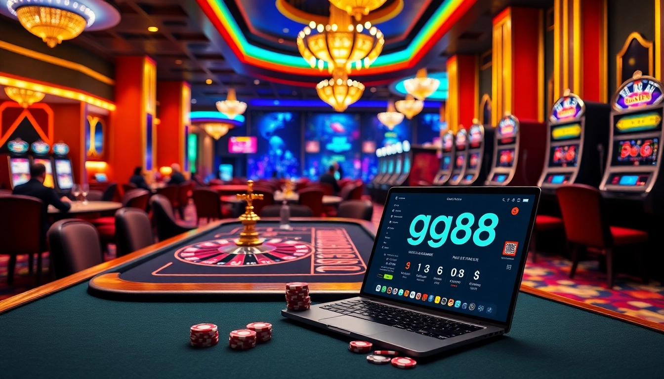 Experience the thrill of gambling at gg88 with vibrant casino visuals showcasing exclusive gaming tables and slot machines.