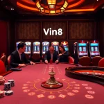Exciting gameplay at Vin88 with glamorous casino tables and vibrant slot machines.