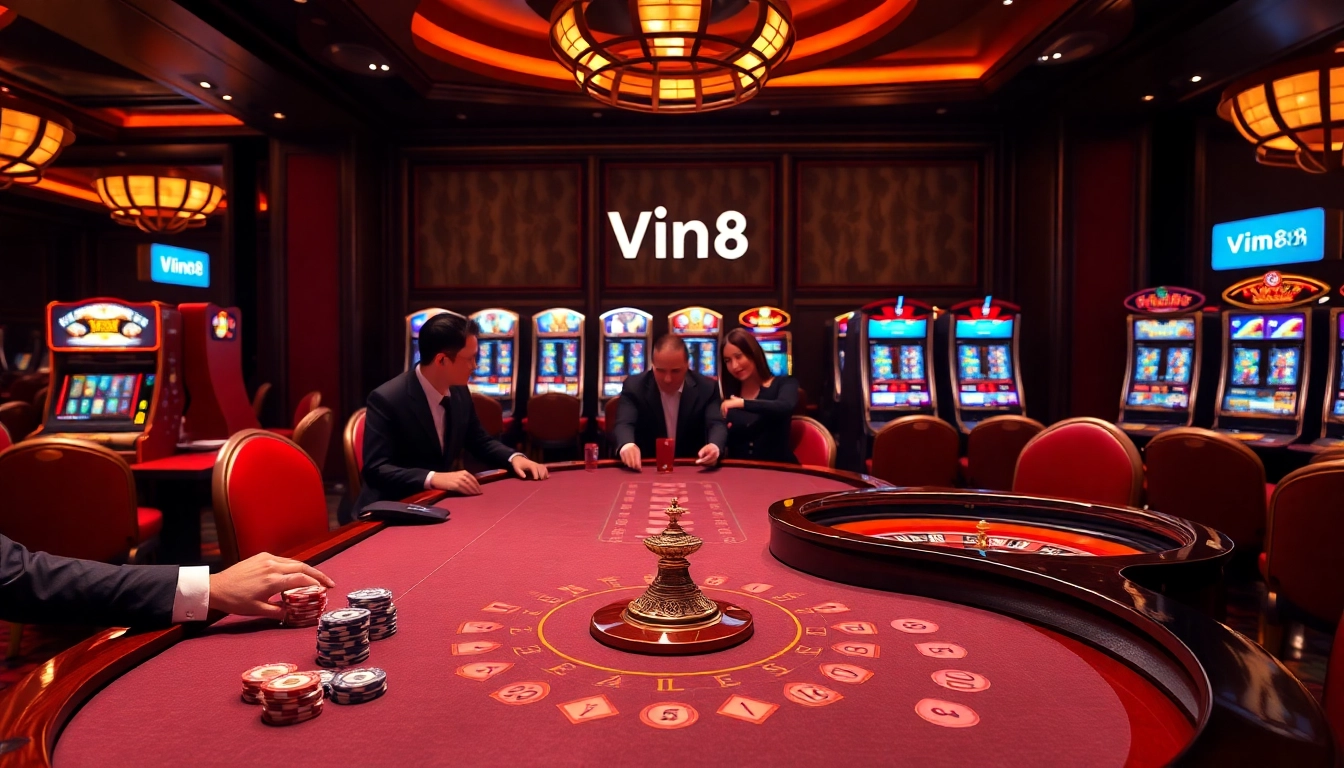 Exciting gameplay at Vin88 with glamorous casino tables and vibrant slot machines.