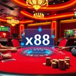Players enjoying poker at a luxurious casino table featuring x88 chips and vibrant surroundings.