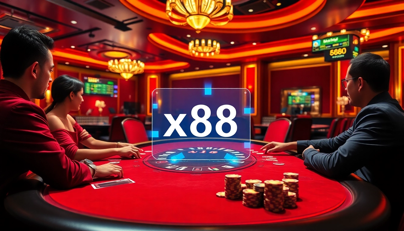 Players enjoying poker at a luxurious casino table featuring x88 chips and vibrant surroundings.