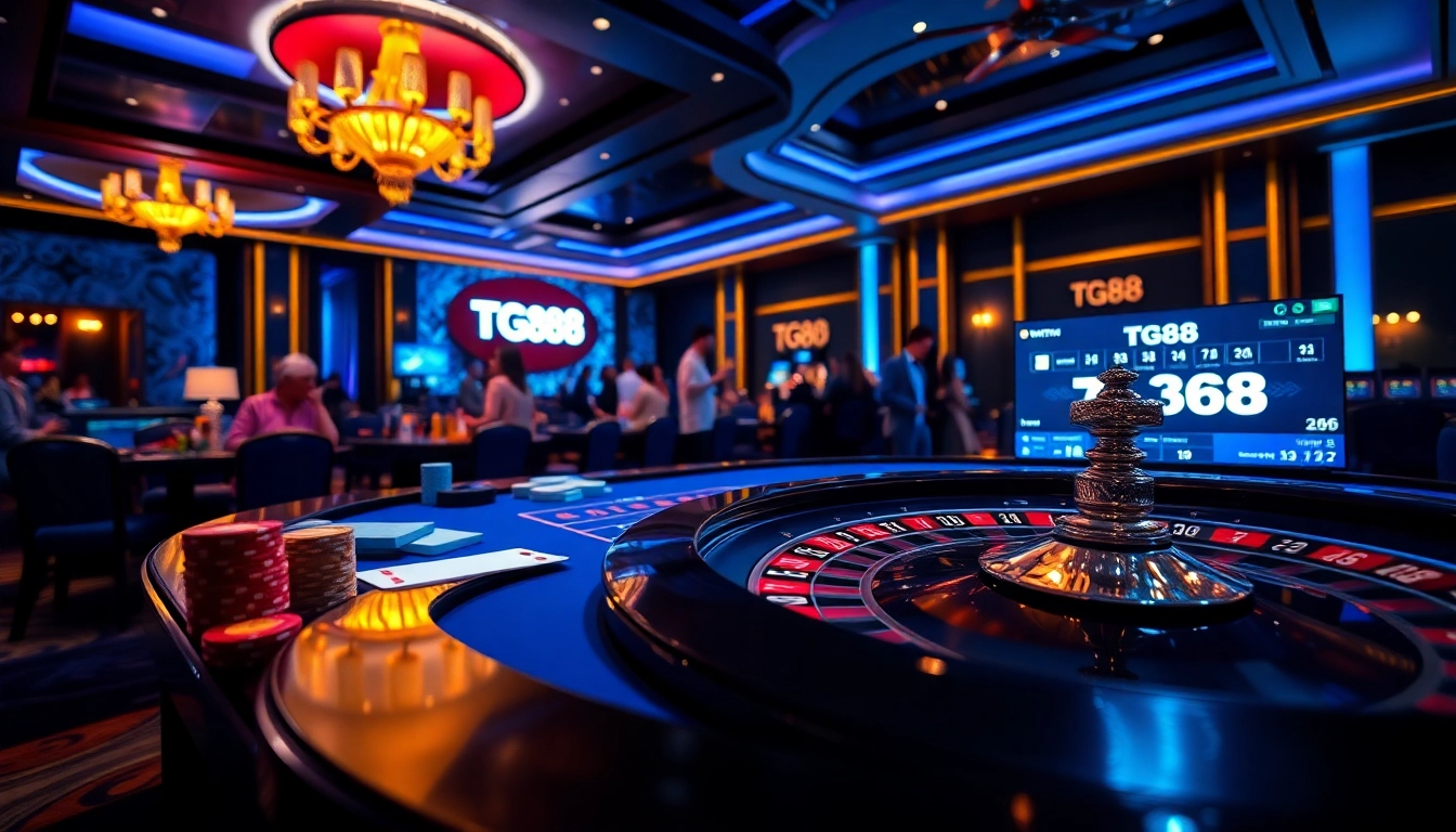 Engaged players enjoying table games at TG88's luxurious casino, highlighting excitement and thrill.