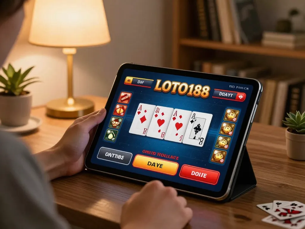 LOTO188 online gambling displayed on a tablet, showcasing gaming excitement at home.