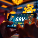Experience an exciting interface of Đăng nhập 69VN on a smartphone amidst casino elements.