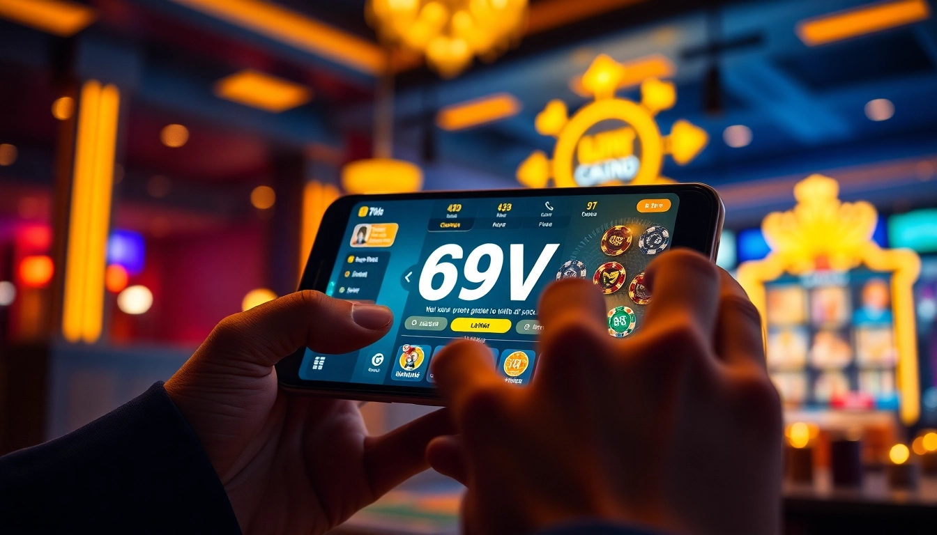 Experience an exciting interface of Đăng nhập 69VN on a smartphone amidst casino elements.