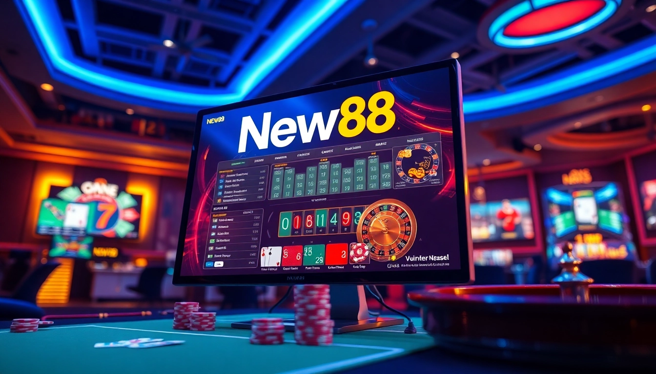 Experience the vibrant online casino atmosphere of New88 with modern gaming interfaces and dynamic elements.