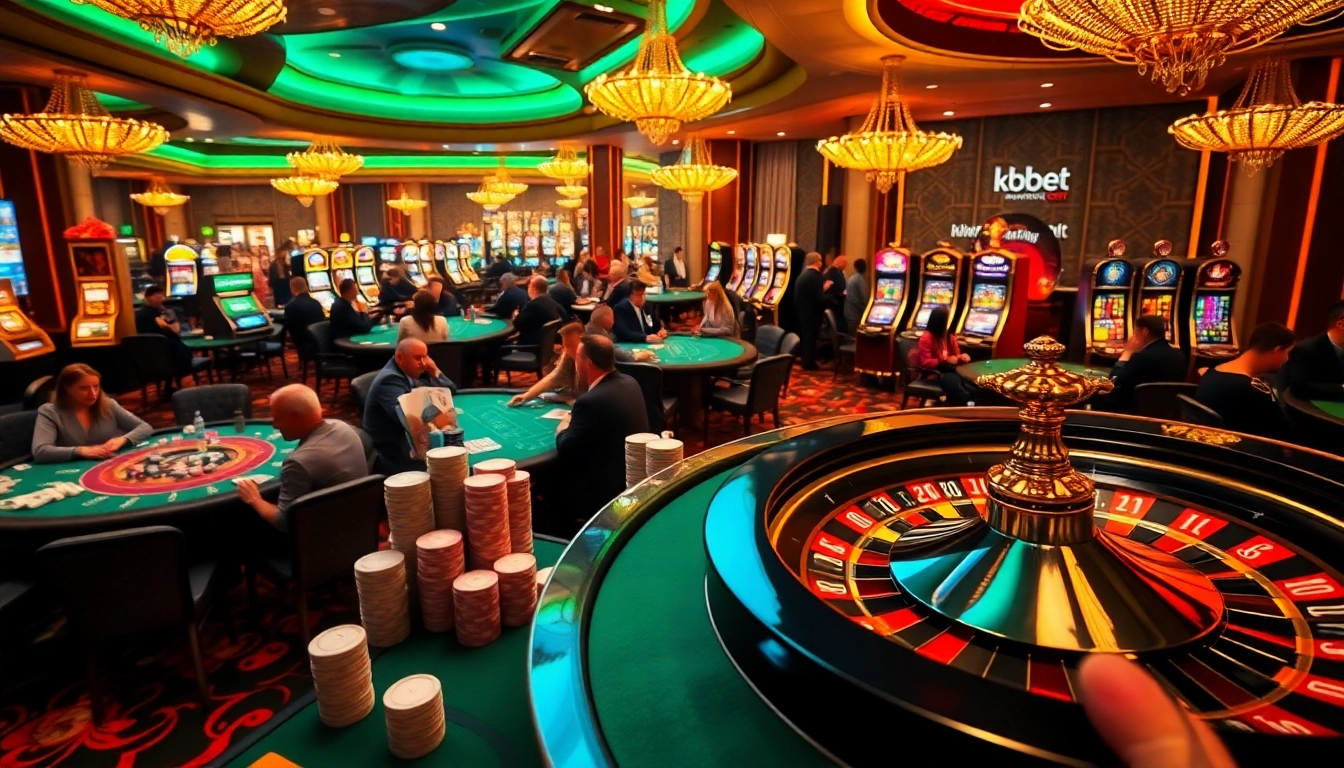 A vibrant casino scene featuring players engaged in thrilling games at kbbet with colorful slot machines.