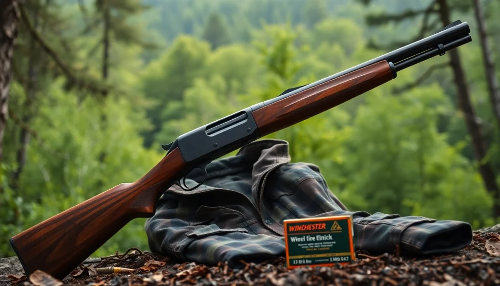 32 win Winchester Model 94 rifle showcased in a forest setting with ammunition and hunting gear.