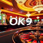 Dynamic casino scene showcasing the excitement and luxury of OK9 casino gaming with betting tables and slot machines.