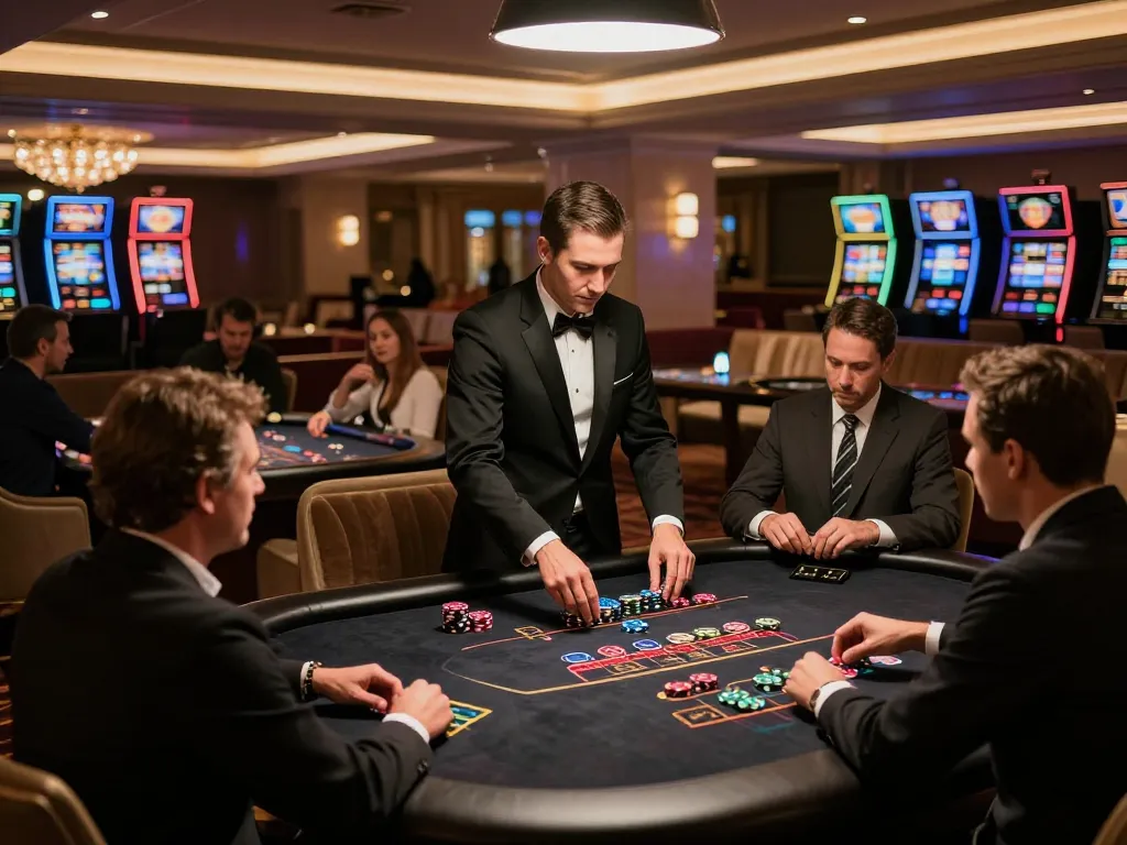 Experience excitement at https://9bet.works/ with players enjoying blackjack in an upscale casino lounge.