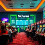 Dynamic online gambling scene illustrating 98win's vibrant casino experience with players at slots and poker tables.