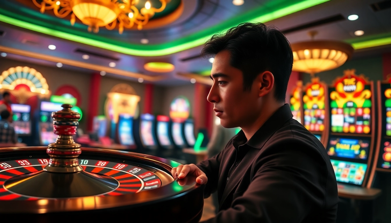 Win678.us offers an exciting casino experience with poker chips and a roulette wheel.