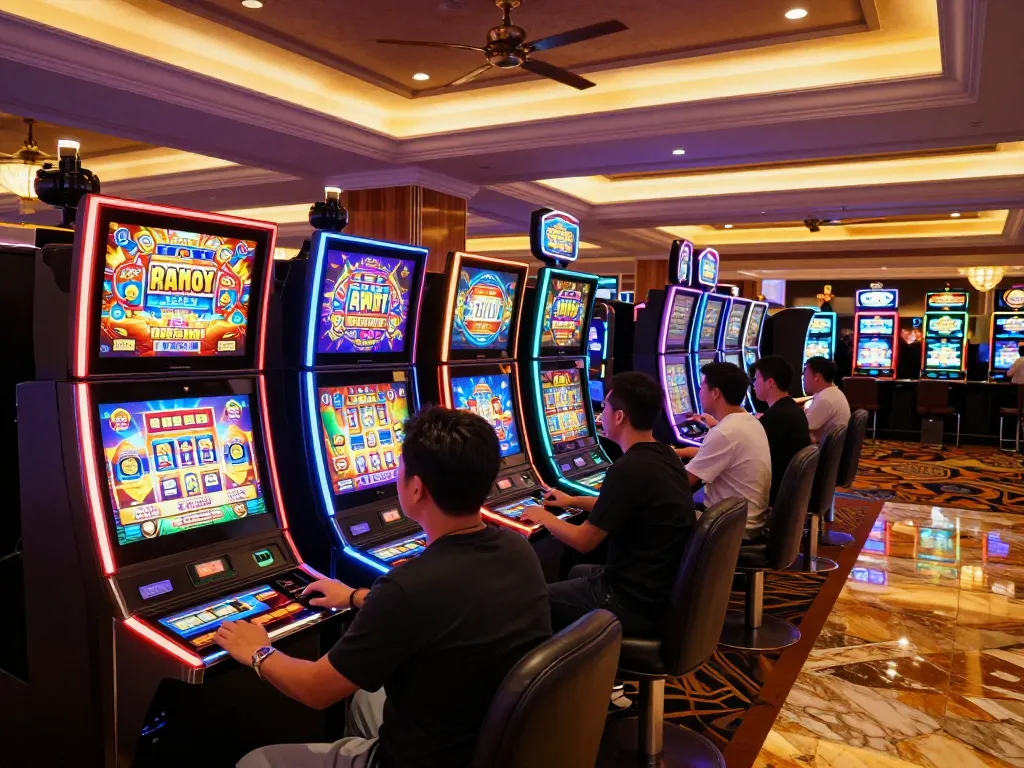 Players enjoying exciting slot777 games at a vibrant casino, energetic atmosphere.