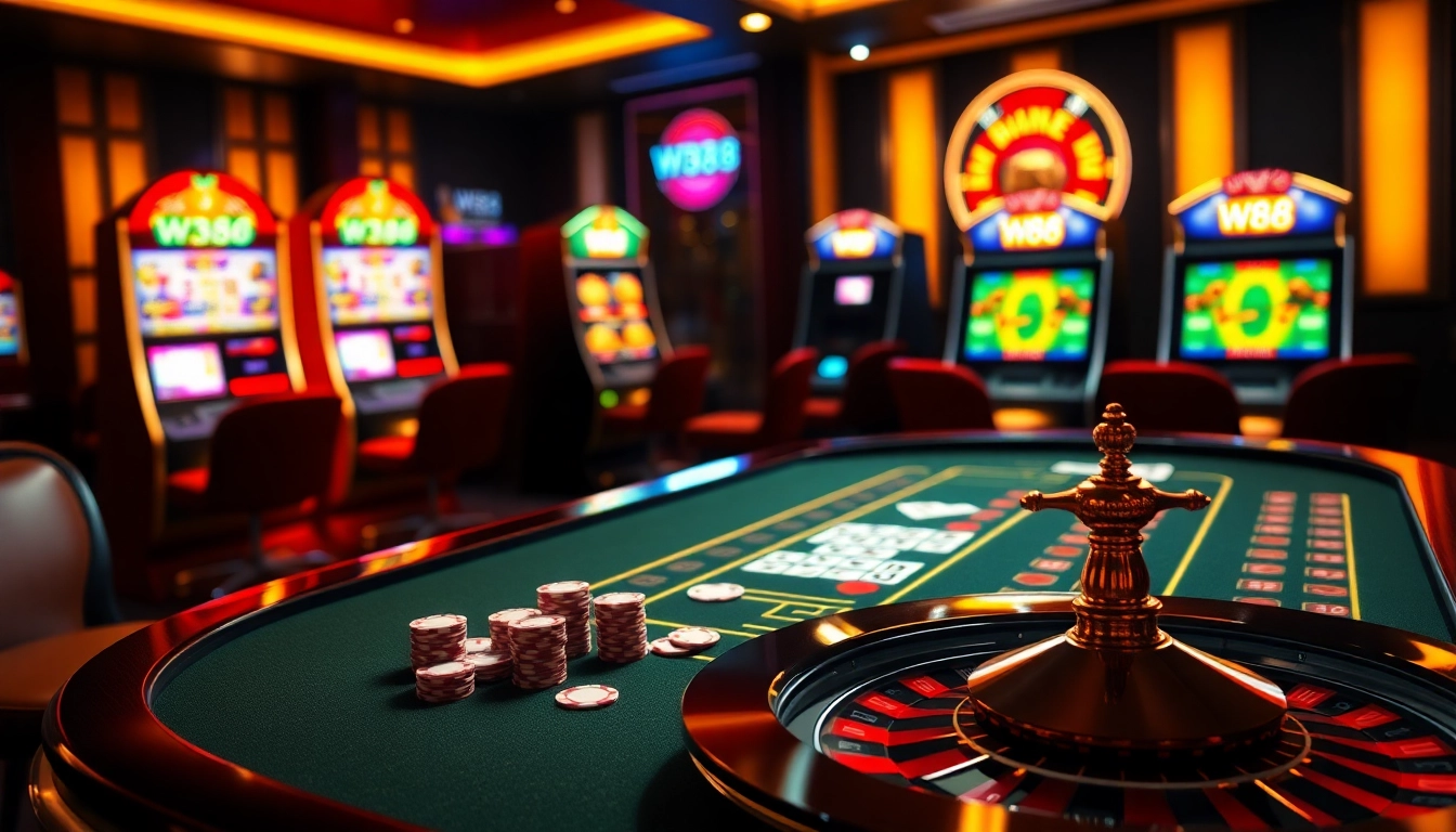 Experience the excitement of W88 at an elegant casino table with vibrant slot machines.