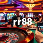 Exciting scene of online gambling with rr88 - truy cập trang chủ nhà cái rr88 mới nhất showcasing roulette, poker chips, and slot machines.