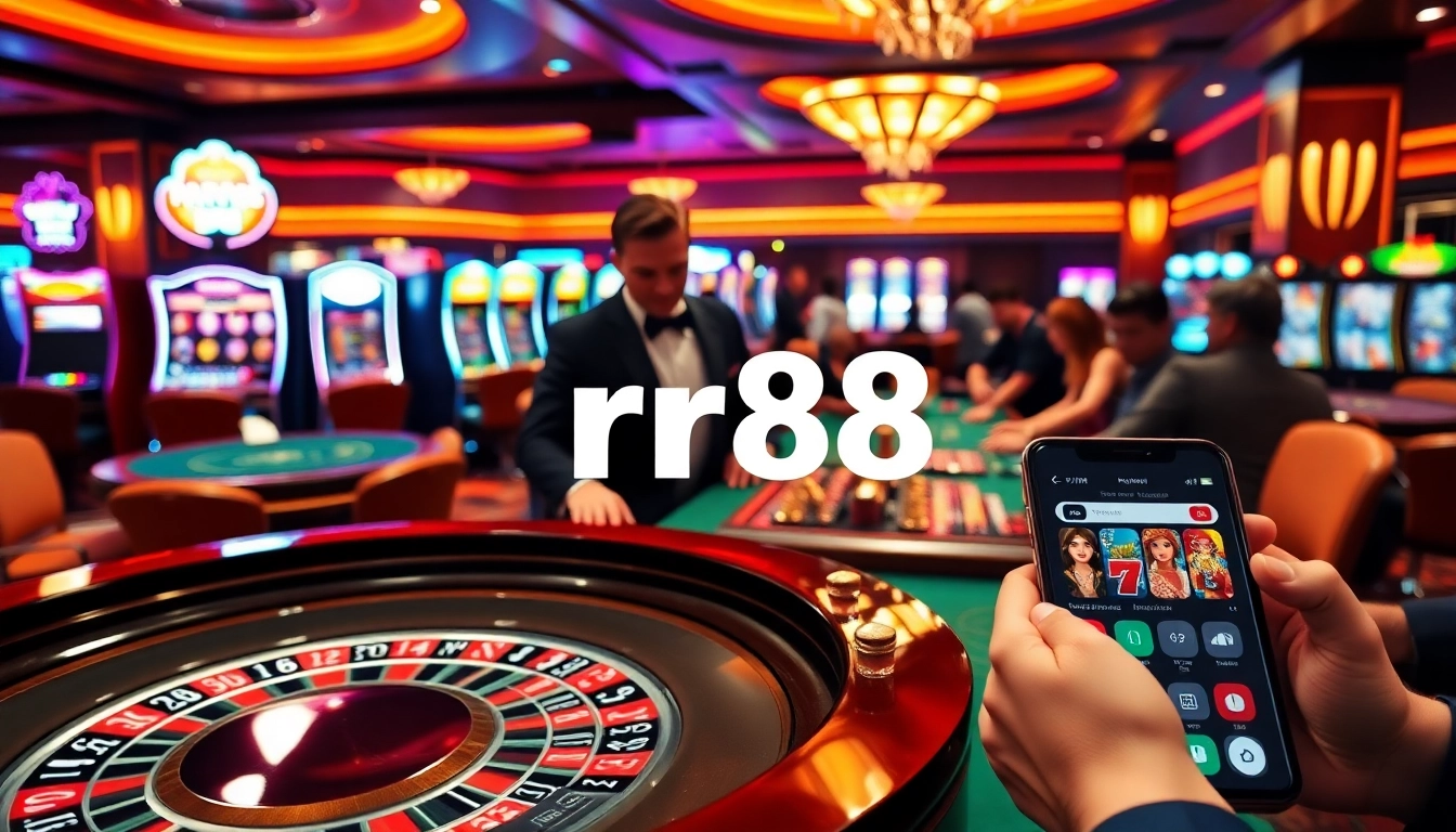 Exciting scene of online gambling with rr88 - truy cập trang chủ nhà cái rr88 mới nhất showcasing roulette, poker chips, and slot machines.