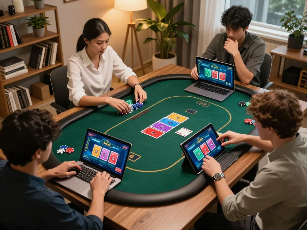BCX88 engaging in strategic online poker gameplay on digital devices in a cozy home atmosphere.