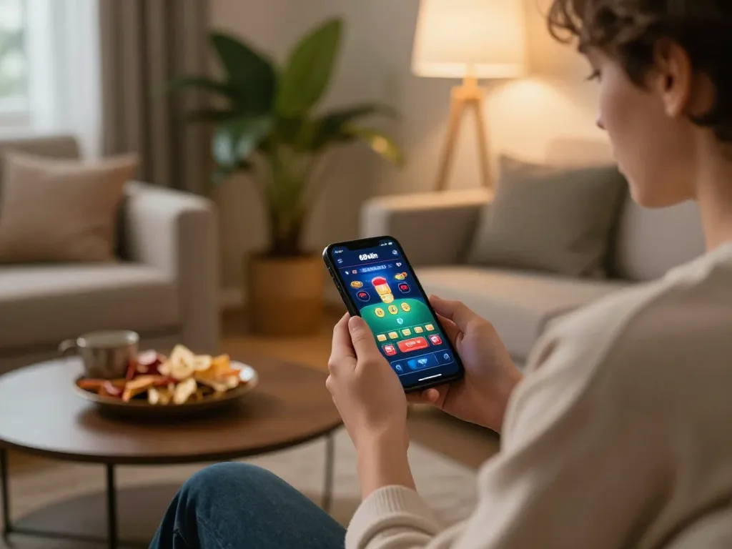 Engaged player enjoying 68win's casino games on smartphone in a cozy home environment