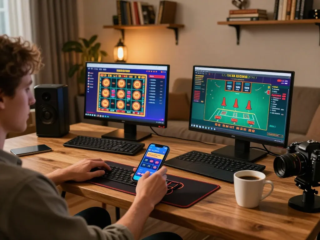 Player enjoying 98win online casino games on multiple devices at cozy setup.