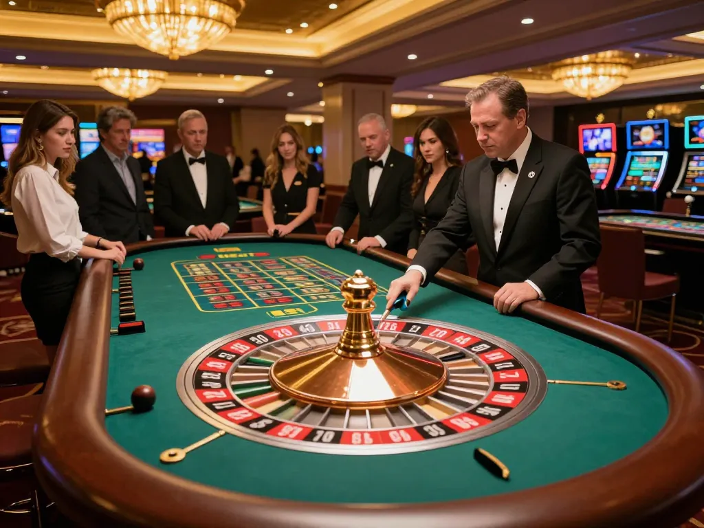 Experience the thrill of MB66 with players focused on the roulette table in a high-end casino.
