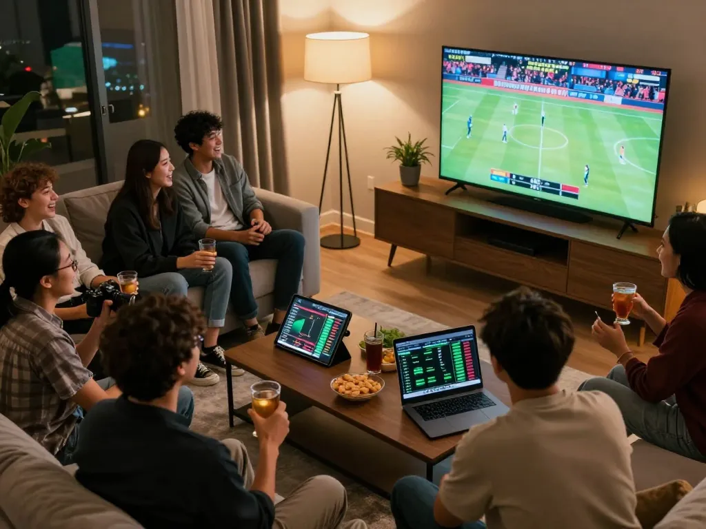 Friends enjoying live sports betting on Socolive with engaging atmosphere and organized betting setup