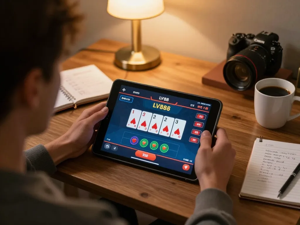 Player engaging in poker gameplay at LV88 using a tablet in a cozy home setting.