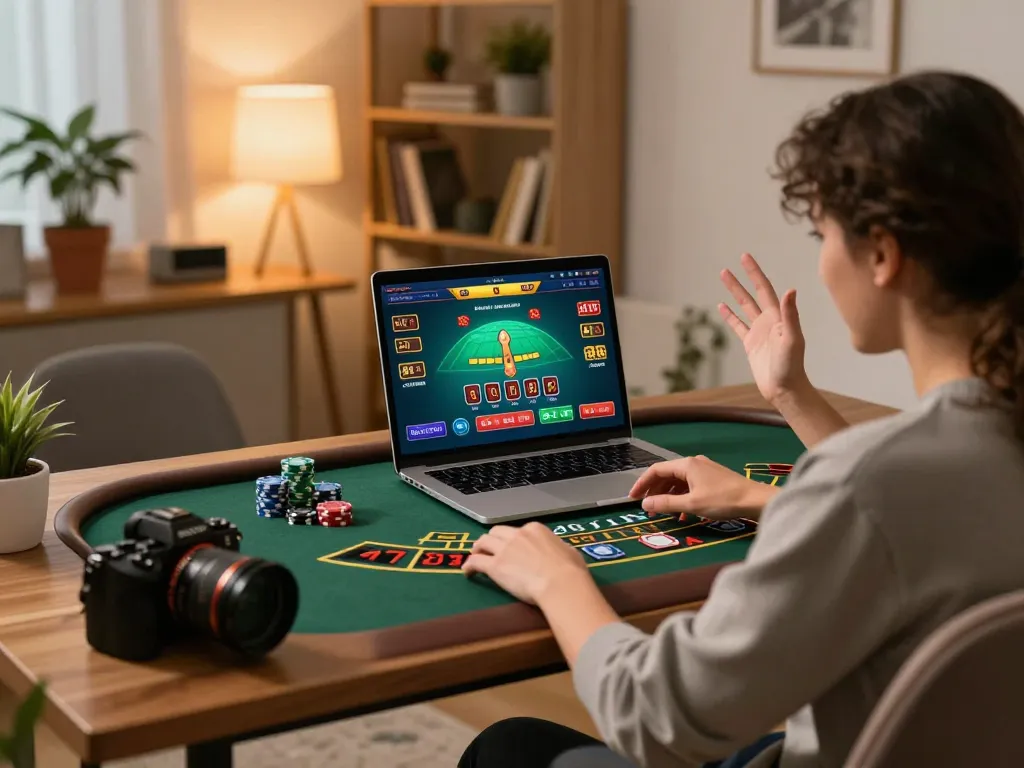 79KING gaming experience at home on a laptop, showcasing a live blackjack session with dynamic atmosphere.
