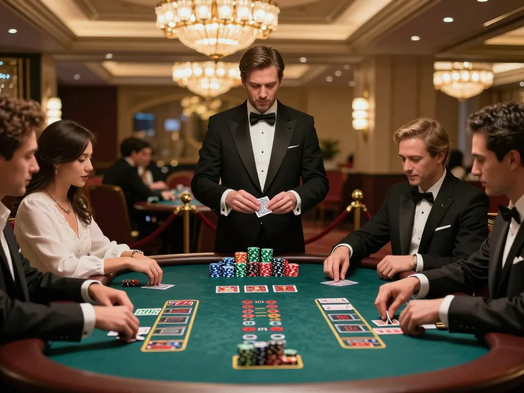 abc8 players placing strategic bets at an upscale blackjack table in a luxurious casino setting