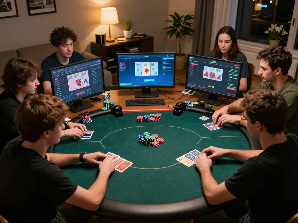 Go88 players engaged in intense online poker action in a cozy home setting.