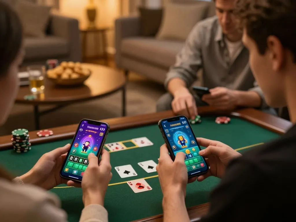 Hello88 players enjoying an online blackjack game on their smartphones in a cozy setting.