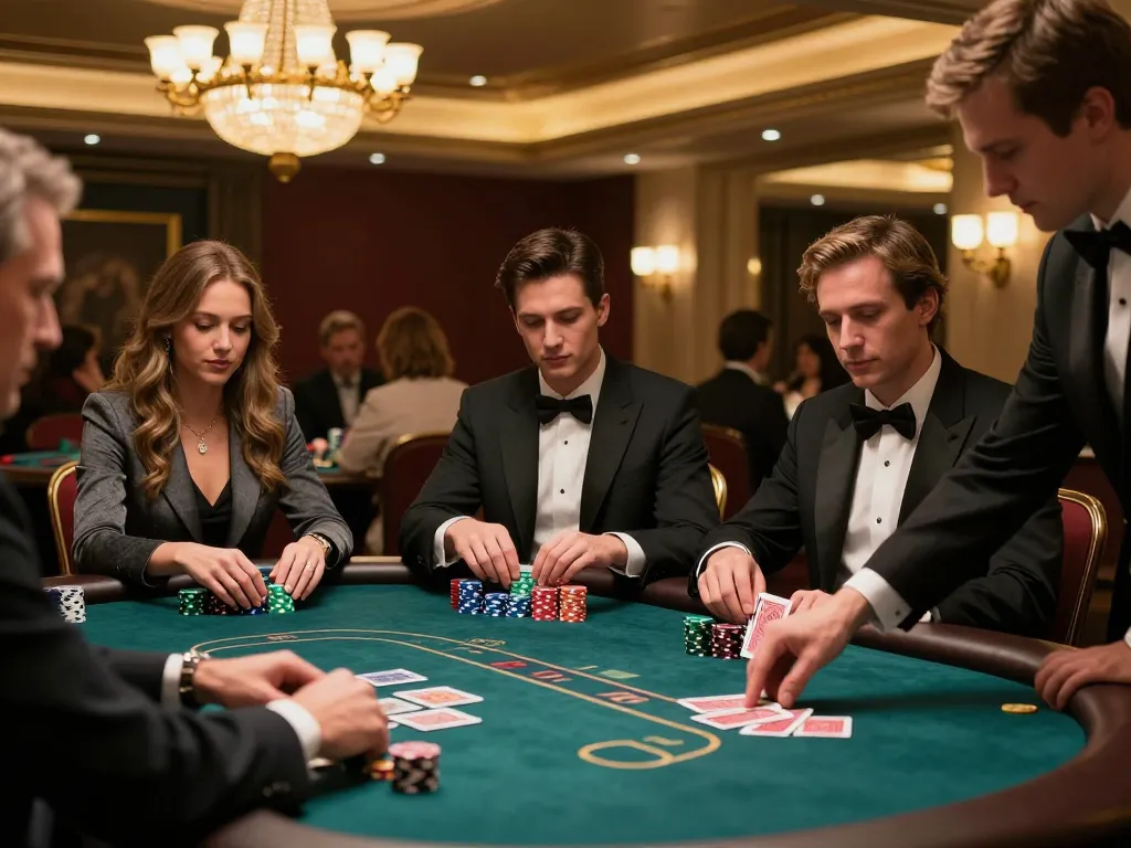 Players strategizing at an upscale poker table in 79kingt1 casino, showcasing excitement.