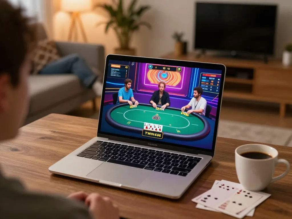 TWIN68 poker game in action on a laptop, highlighting strategic gameplay in a cozy home setting