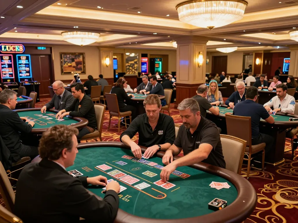 Các game thủ LUCK8 đang lập chiến lược tại bàn blackjack trong một casino sang trọng.