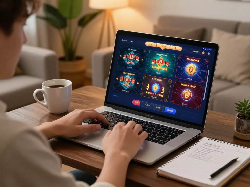 Player enjoying strategic online gaming at home on rokok88 platform with laptop and notes