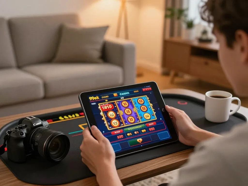 Player enjoying a game on 99ok casino app, showcasing vibrant gaming interface and cozy home setup.