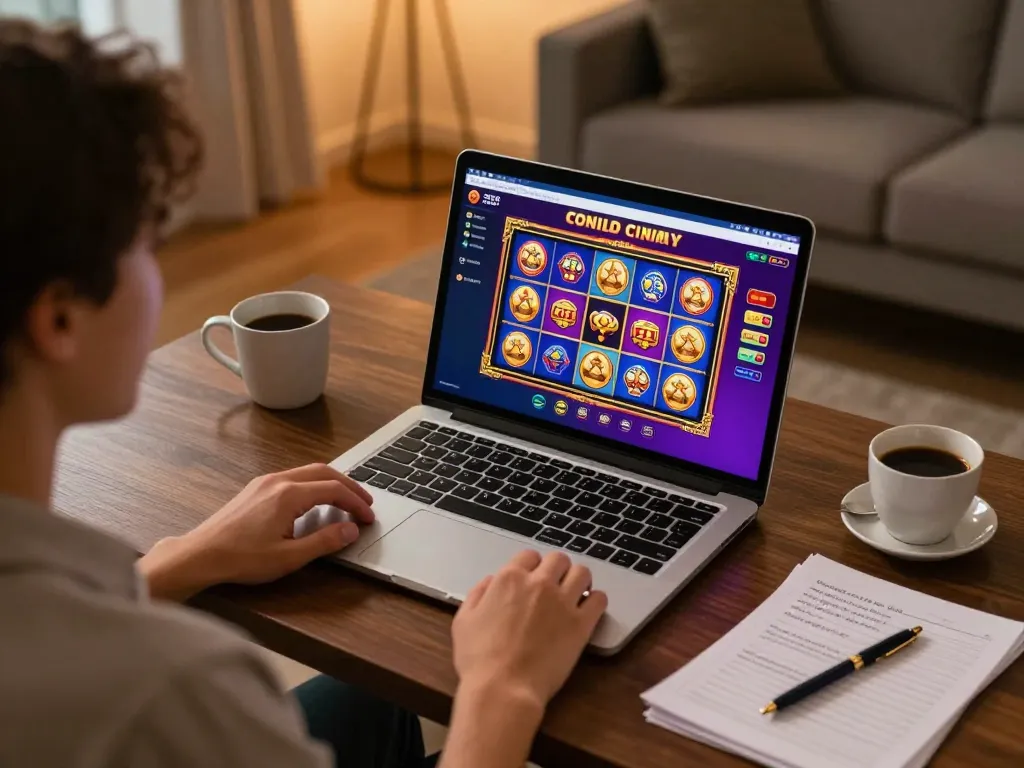 Player engaging in a thrilling online slot game at home, exploring 78wintl entertainment.