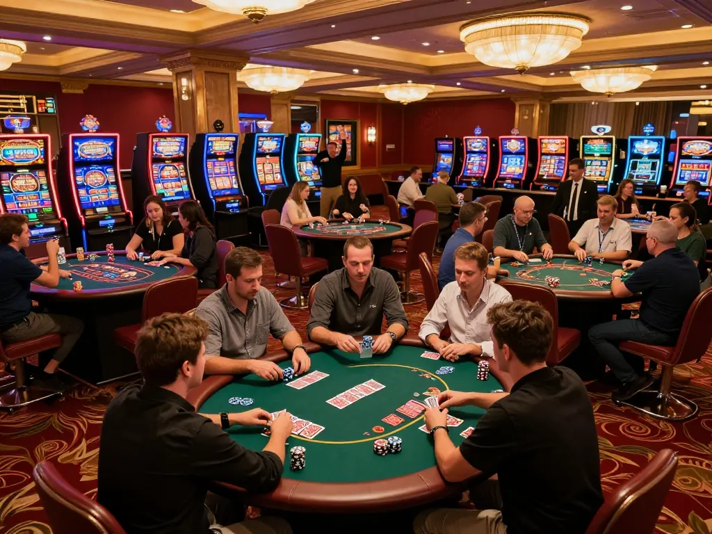 Hit club gaming scene showcasing players at tables celebrating wins with vibrant casino atmosphere