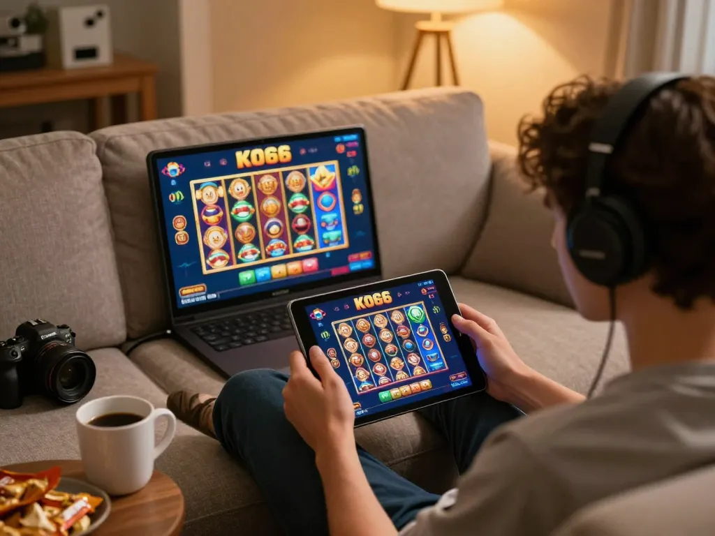 Engaging player using the KO66 app for online casino gaming on a tablet in a cozy setting.
