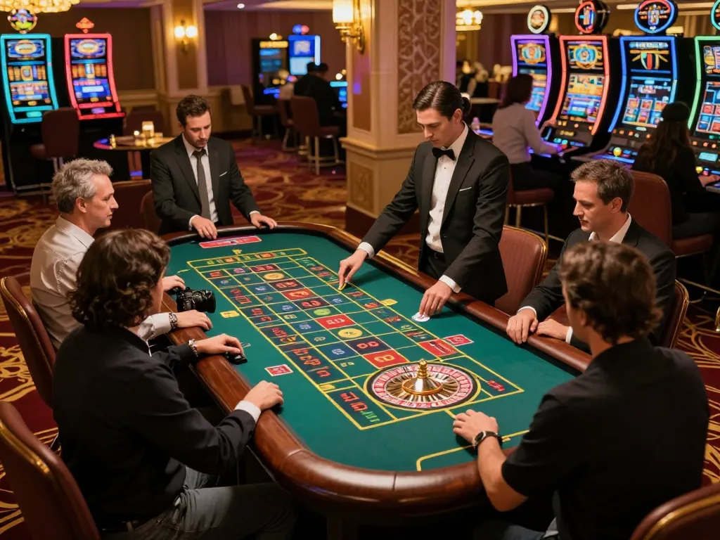 Players engaging at the roulette table in a bustling casino atmosphere featuring az 888.