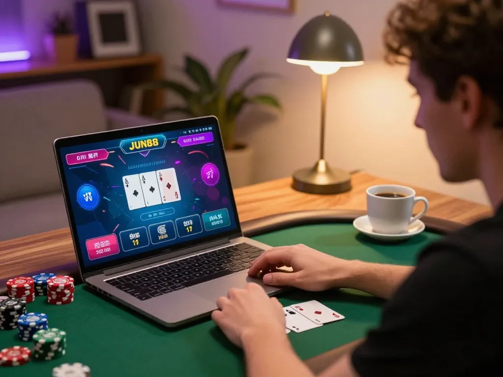 Engaging poker game on Jun88 platform, showcasing player interaction and vibrant gaming details.