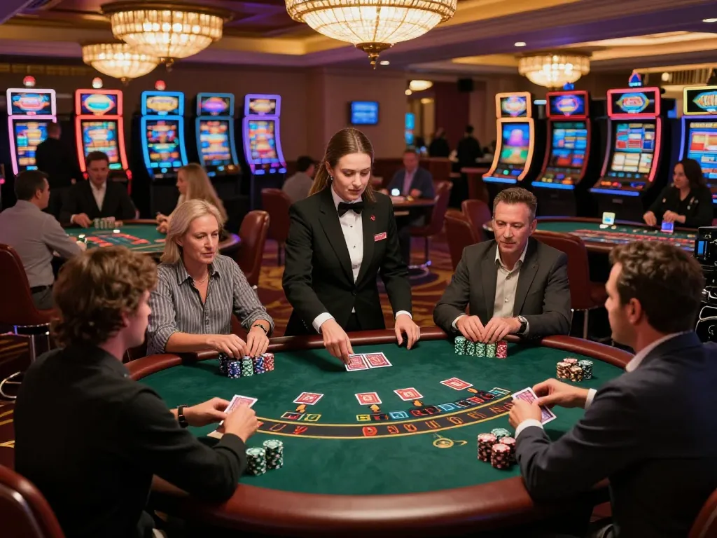 Players enjoy dynamic blackjack gameplay at 5679 casino, showcasing vibrant excitement and rich decor.