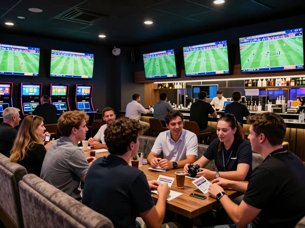 Engaging moment of kèo nhà cái betting in a lively sports lounge with multiple screens showing live matches.
