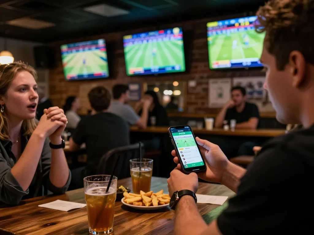 Patron placing bets on the FUN79 app during a lively sports event at a bar