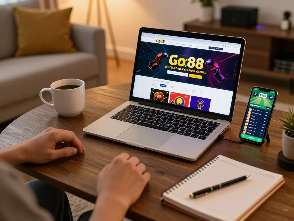 Engage with Go88 casino content through an online gaming setup with laptop and smartphone.