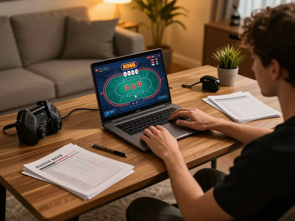 Engaged player strategizing while playing at KO66 online casino, highlighting modern gaming setup and responsible gaming.