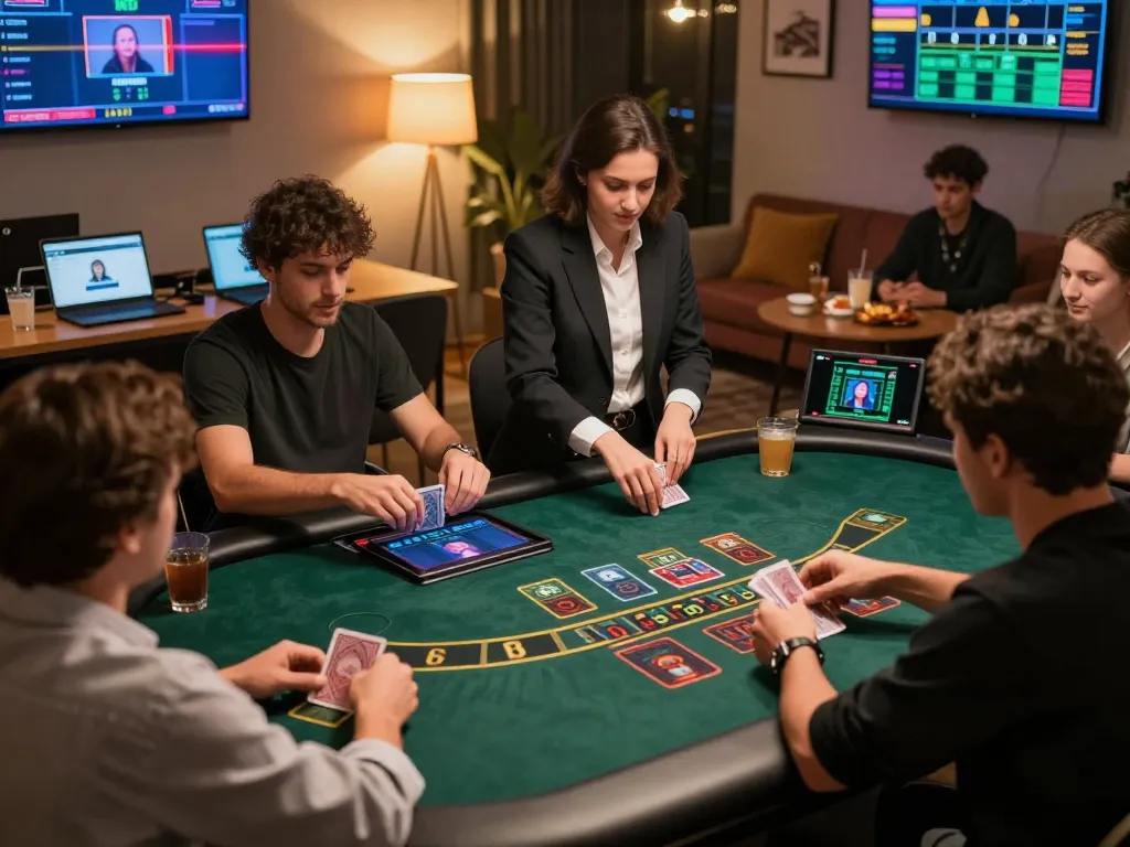 Players engaging in online blackjack with mb66 live dealers, showing vibrant gaming atmosphere.